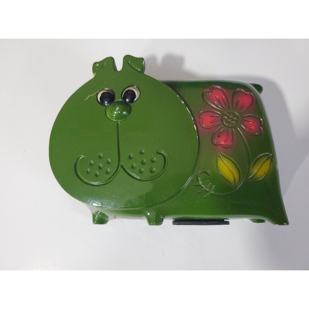 Vintage Painted Ceramic Puppy Dog Piggy Bank Green 60s 70s
